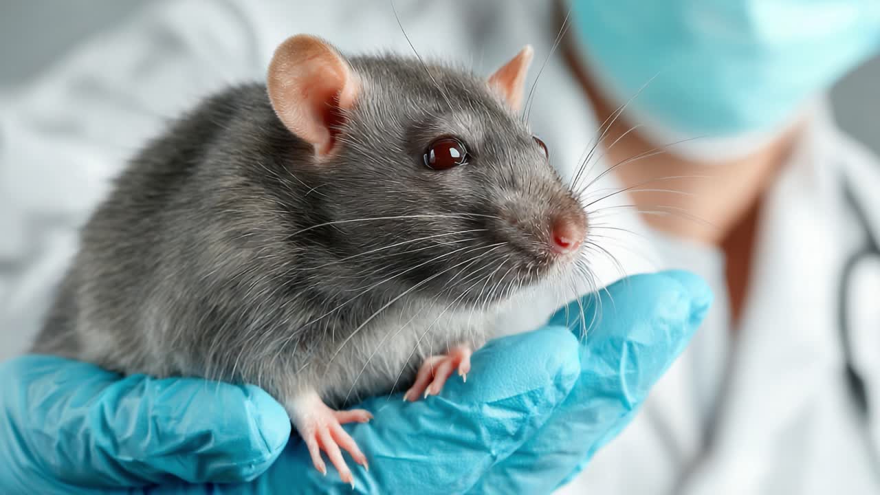 Close-Up of a Gray Laboratory Rat Being Held in a Gloved Hand, Showcasing Its Features and Health in a Scientific Environment