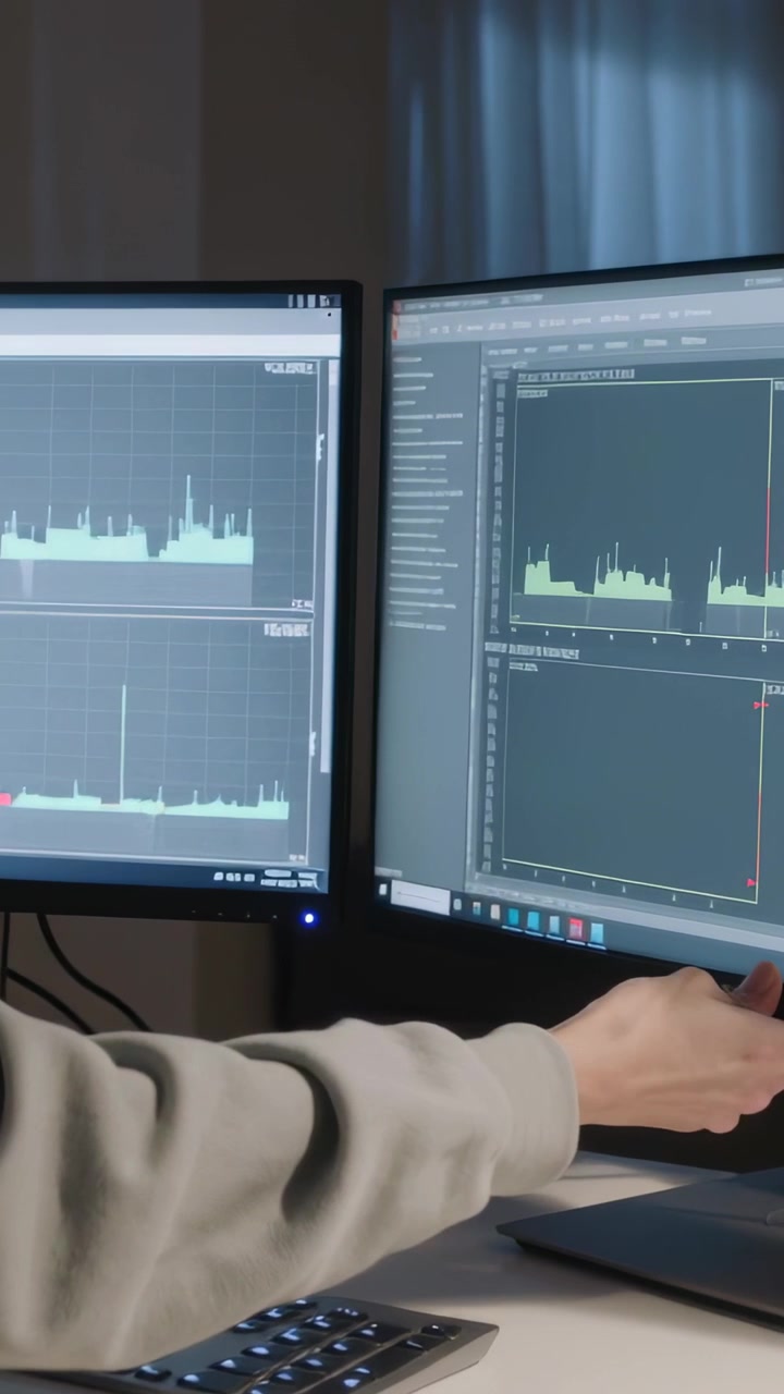 Video verticale: Analista con felpa grigia che si allunga per regolare il monitor destro e allineare i grafici sulla scrivania.