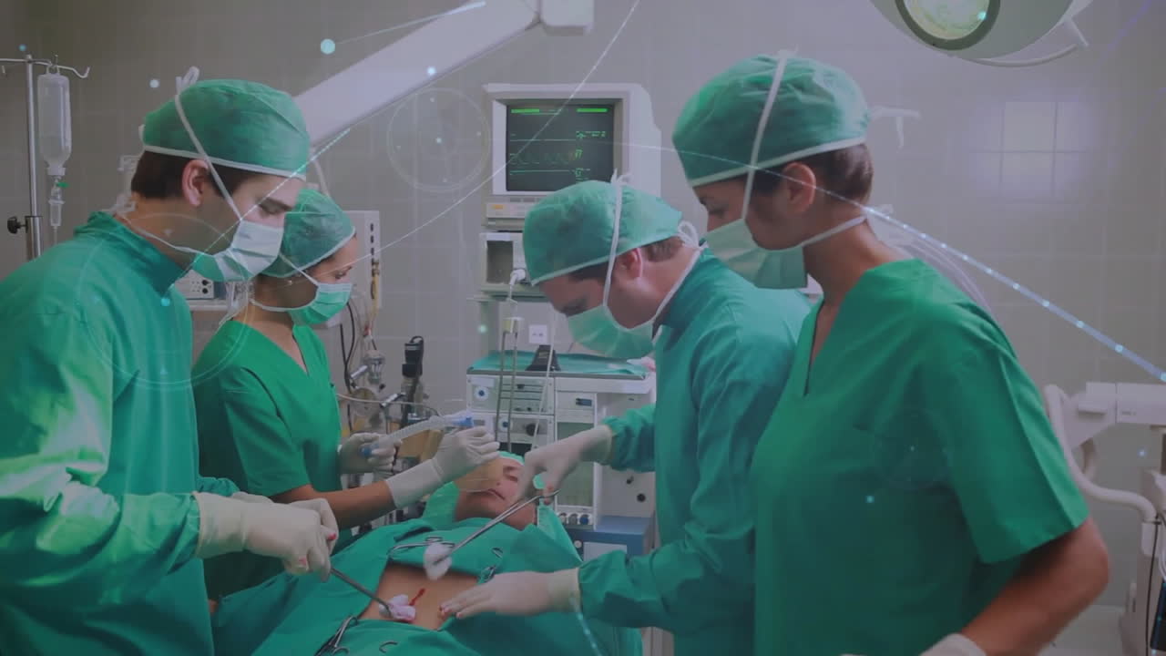 Performing surgery, medical team analyzing digital health data animation in operating room