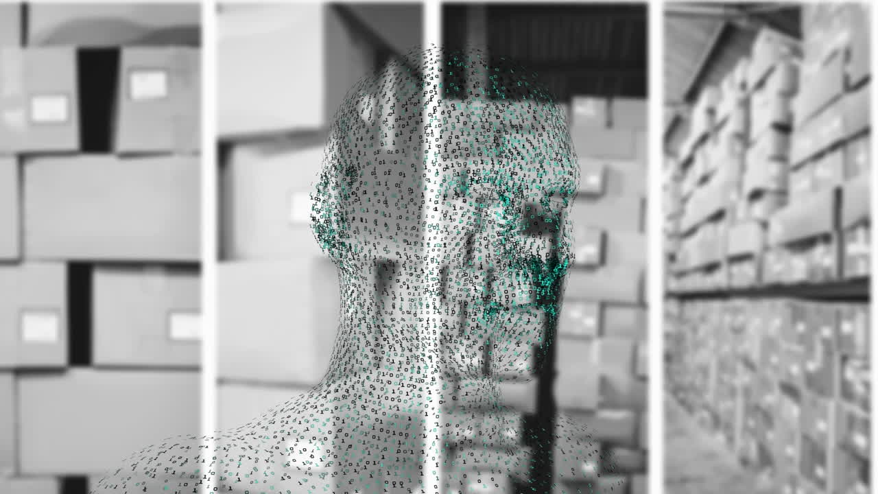 Animation of digital head over warehouse