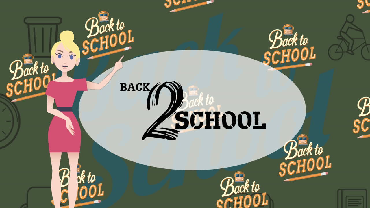 학교 텍스트로 돌아가는 여성의 애니메이션