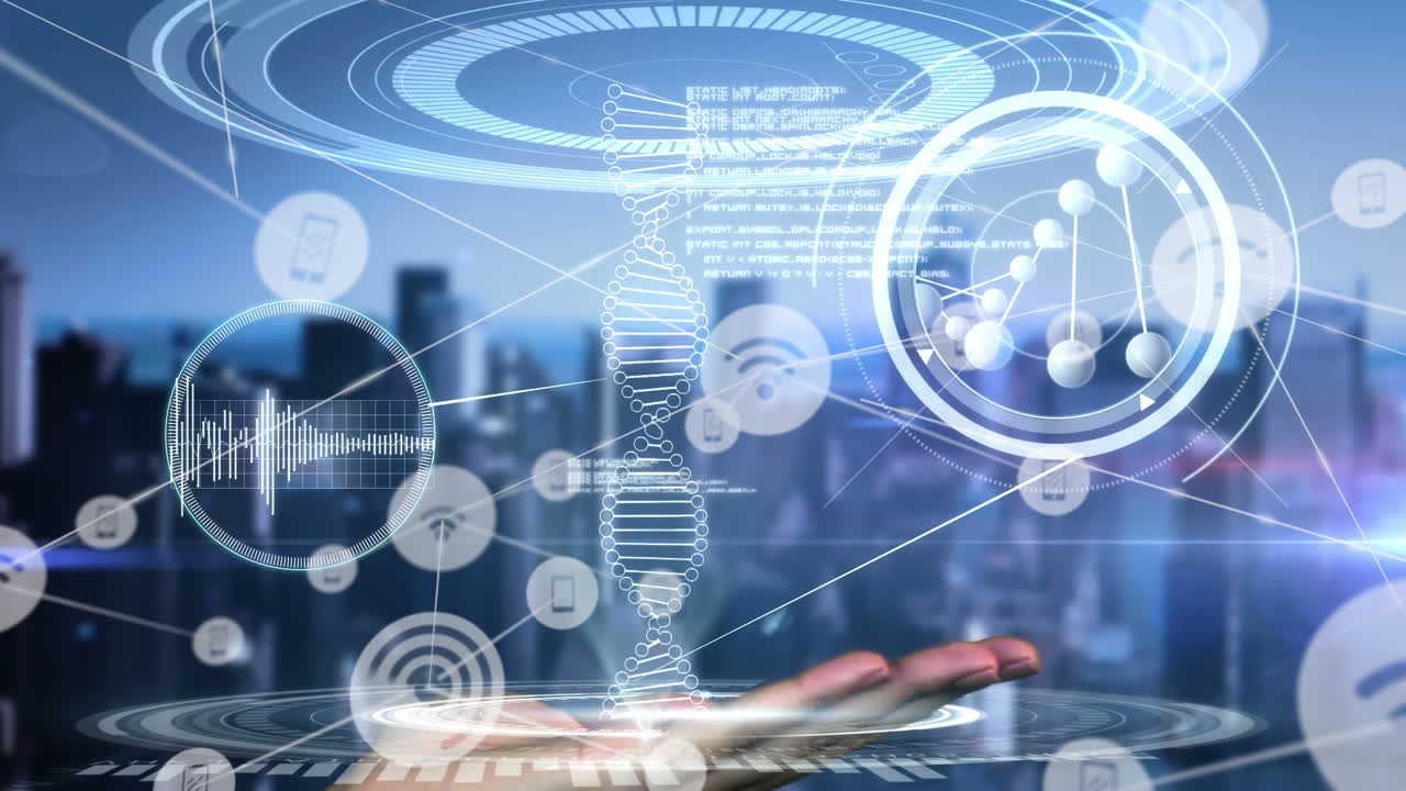 도시 풍경과 데이터 처리에 대한 아이콘으로 연결 네트워크의 애니메이션