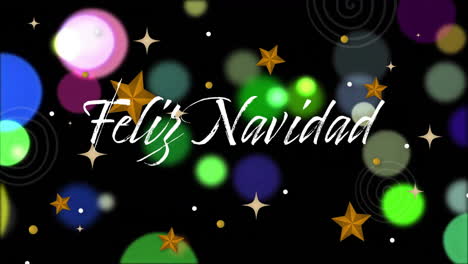 animation of feliz navidad text and stars falling over spot lights on black background