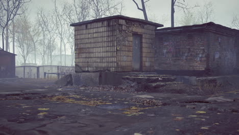 old abandoned structures in an eerie setting with bare trees in fog