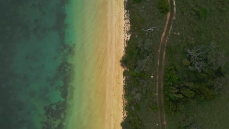 toma de un hermoso centro de playa amarilla en el marco con el océano de un lado y una isla en el otro
