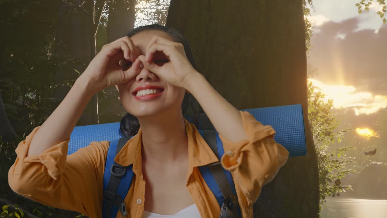 mujer feliz caminando en el bosque al atardecer