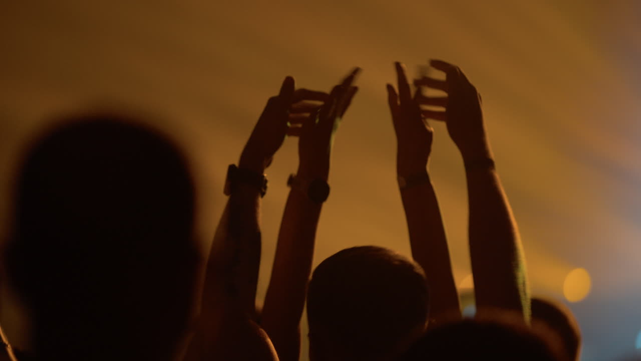 Folla a un concerto con mani alzate e luci di scena che cambiano