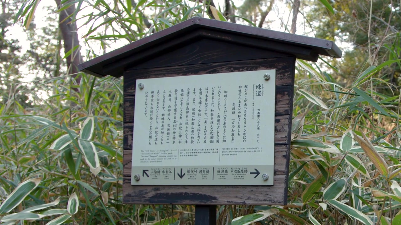 Bir Japon bahçe parkında yemyeşil bambu bitkileri arasında ahşap bir bilgi plaketi duruyor