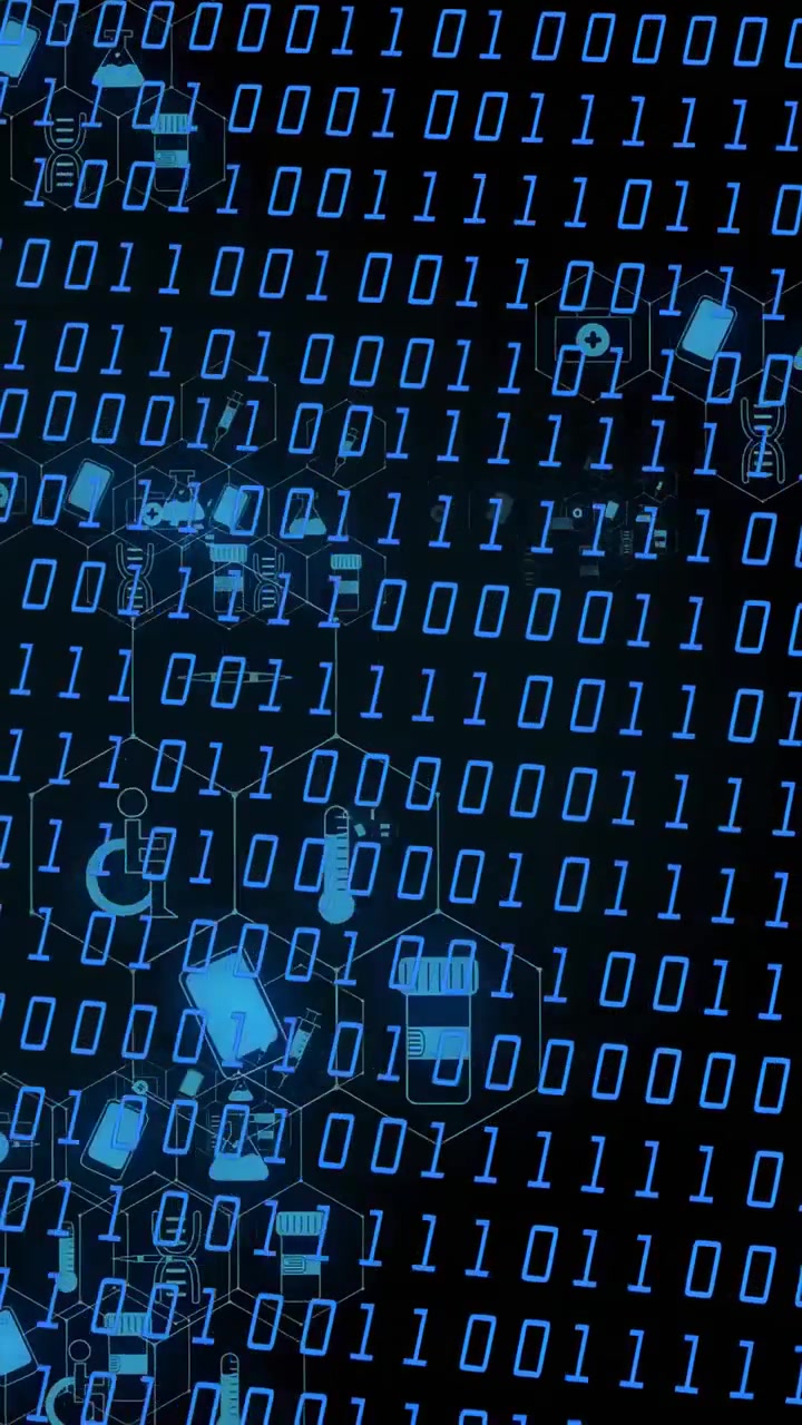 Vertical video: Binary matrix scrolling, icons forming links, pulsing and showing network activity