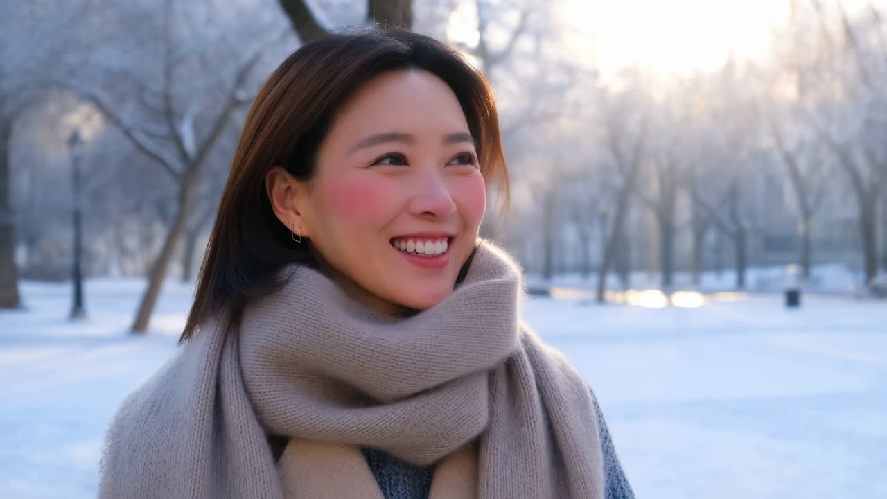 快乐的年轻亚洲女性在白雪皑皑的冬季公园里微笑