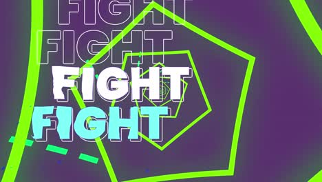 animation of fight text over pentagons on purple background