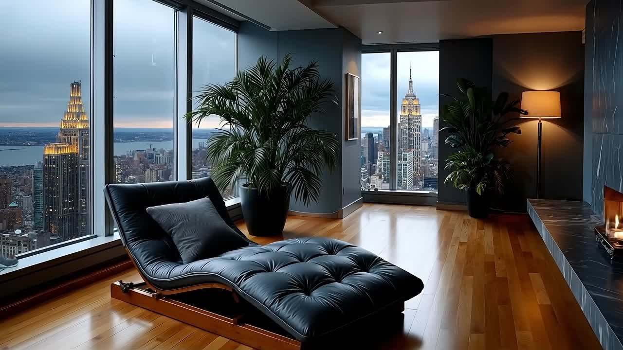 Un soggiorno con una chaise longue davanti a una grande finestra
