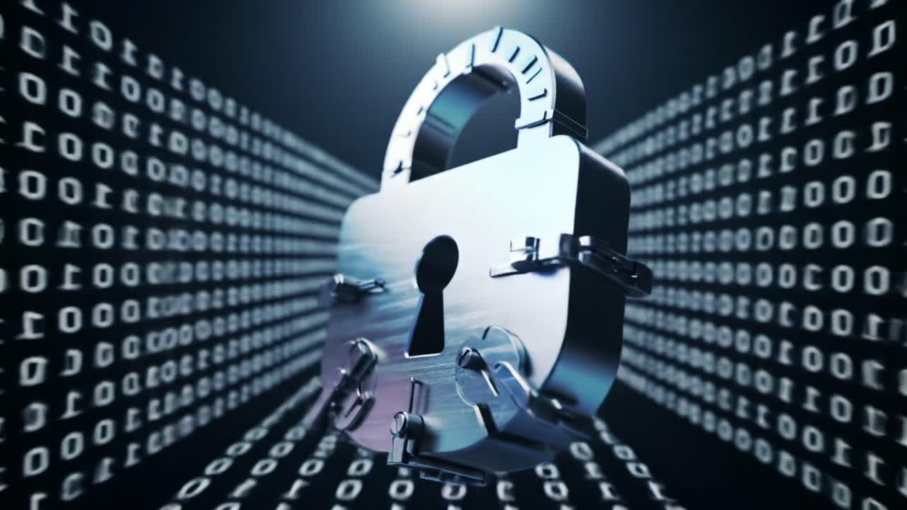 A cybersecurity visual representation showcasing a metallic padlock surrounded by a digital binary code environment, highlighting themes of security, protection, and data integrity