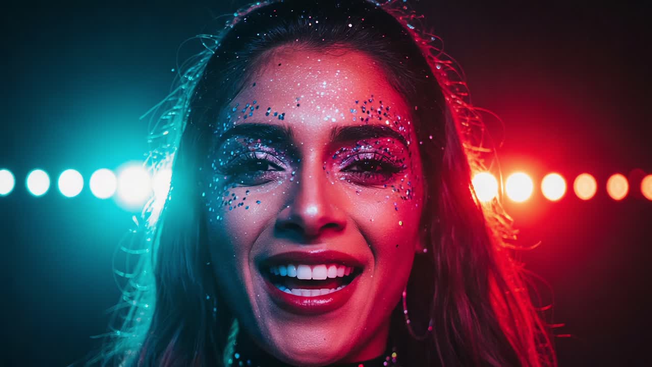 A Glamorous Transformation: Captivating Smile and Sparkling Glitter Illuminate the Scene with Vibrant Lights in Two Stunning Frames