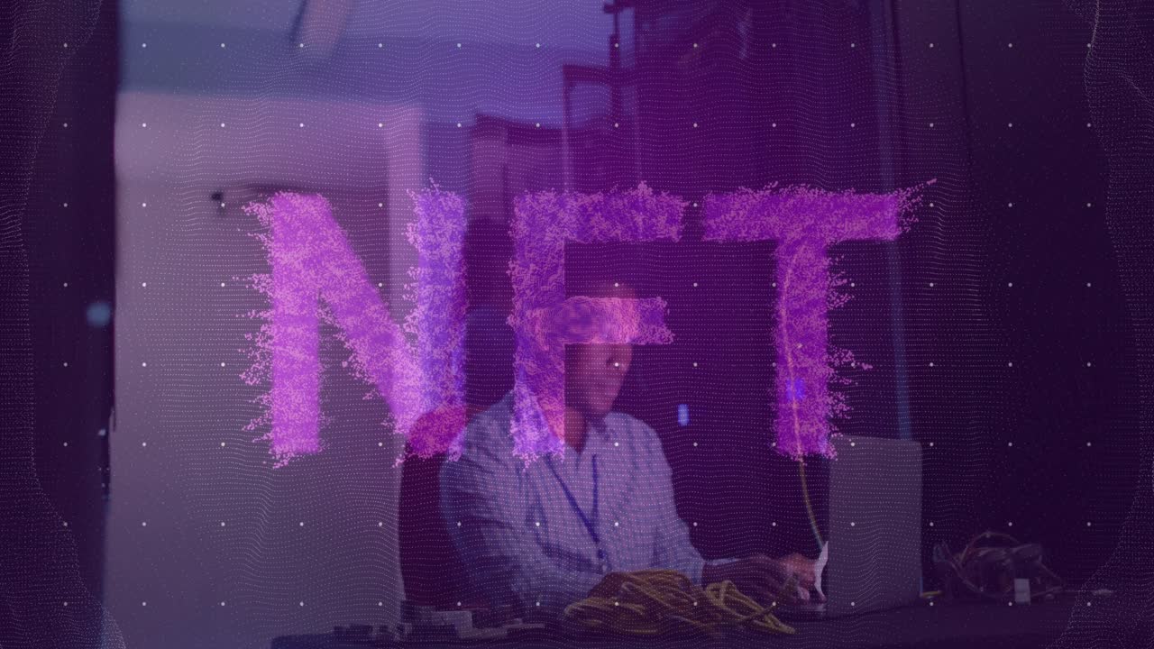 Animation of nft text and data processing over african american male it engineer by computer servers