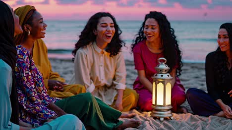 women friends enjoying a sunset beach gathering