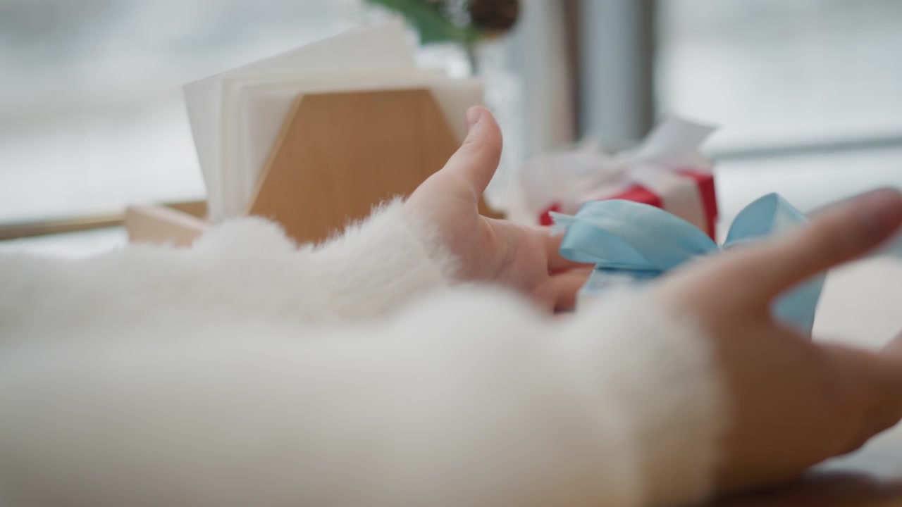 Hands gently wrapping small colorful gift on wooden tabletop, fingers lifting paper and securing ribbon with careful motion under soft window light in calm home workspace, with hand, gift, present