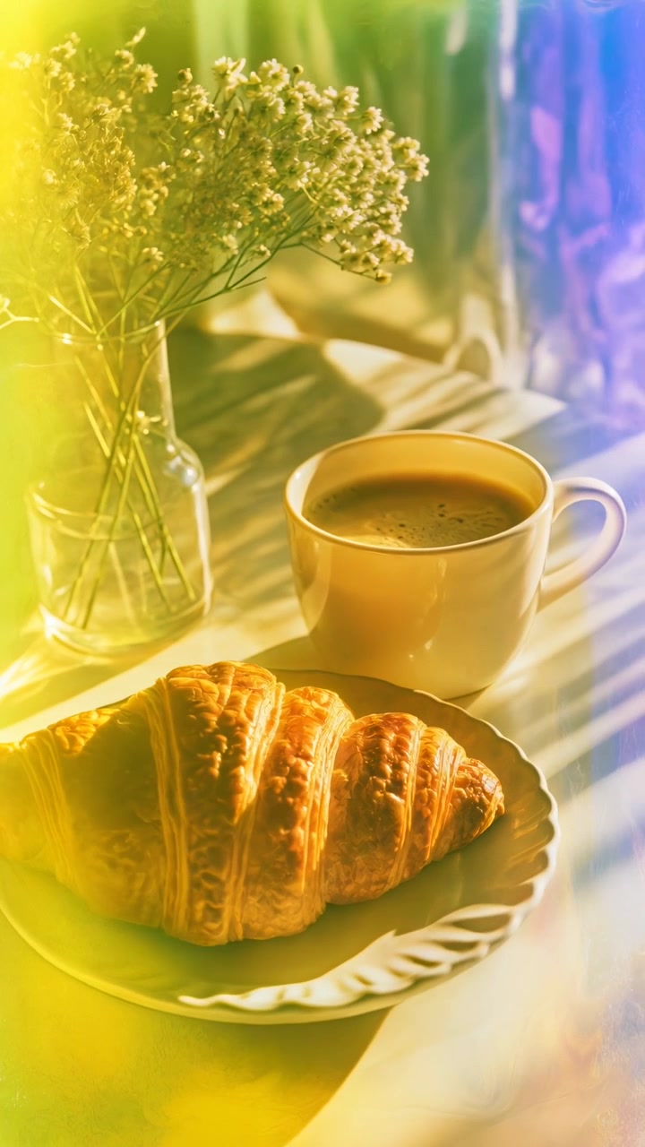 Croissant fresco e café em uma mesa ensolarada pela manhã