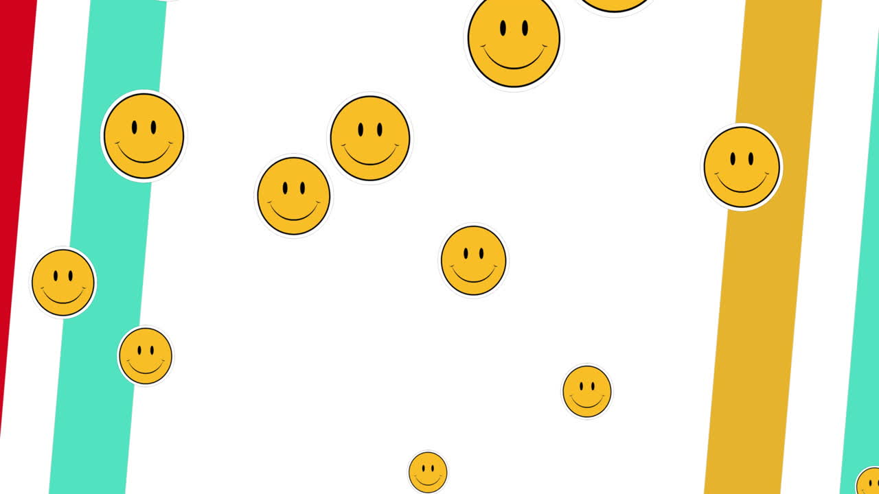 ⁇ 색 배경에 다채로운 줄무 ⁇  위에 미소 짓는 이모티콘의 애니메이션