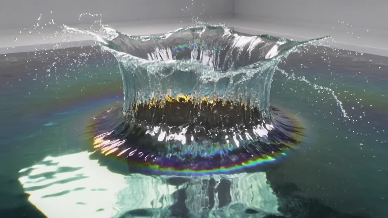 Dropping faceted metal object hitting dark pool in white corner, making crown splash, rainbow dome