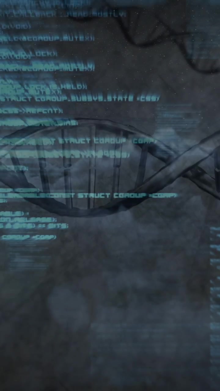 Zpracování dat nad rotujícími strukturami DNA na šedém pozadí.