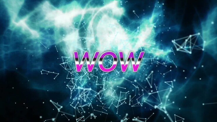 Animazione del testo "wow" in lettere rosa su reti di connessioni