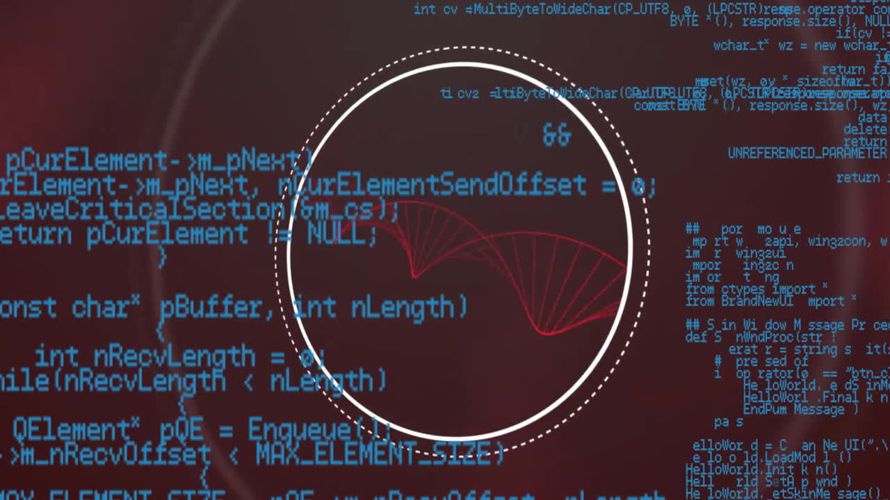 animación de la cadena de adn, el alcance y el procesamiento de datos sobre un fondo oscuro