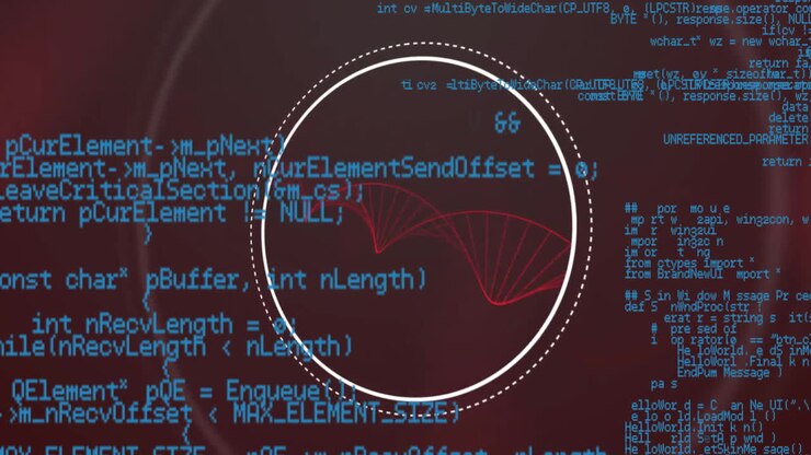 Animation of dna strand, scope and data processing over dark background