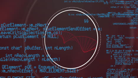 Animation-of-dna-strand,-scope-and-data-processing-over-dark-background