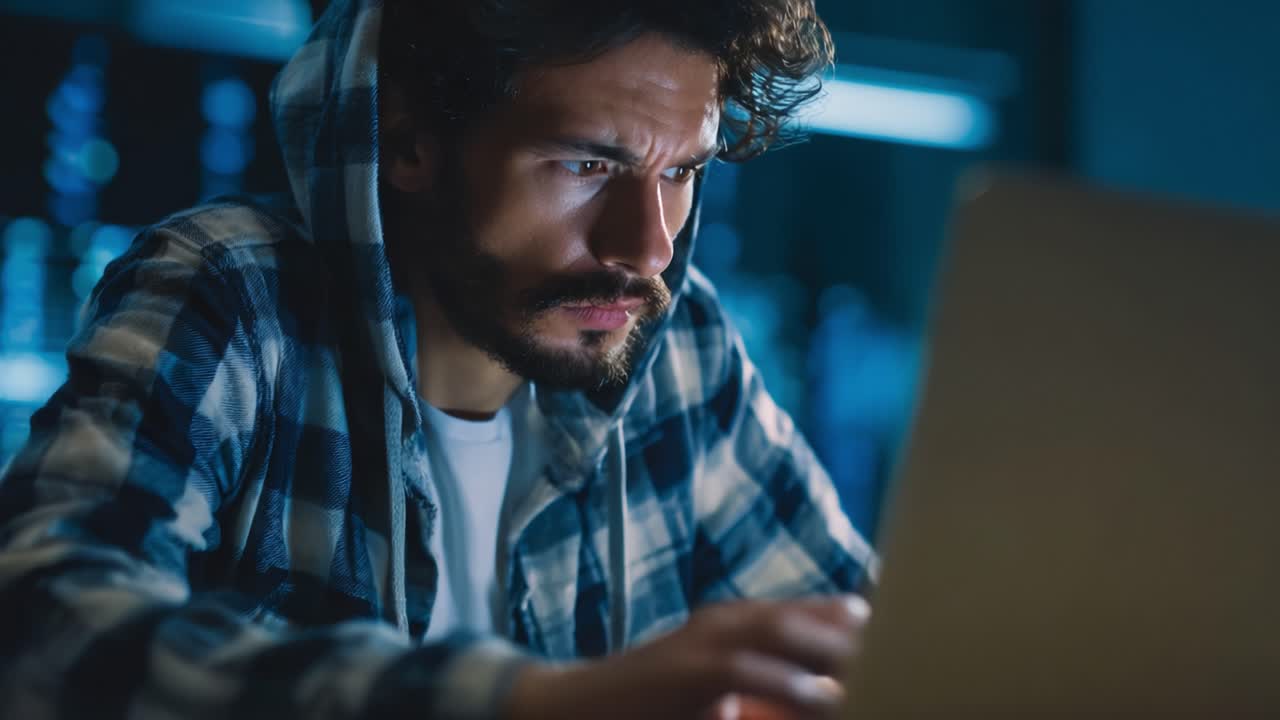 Concentration and Determination: A Young Man in a Hoodie Engaged in Serious Work on His Laptop, Focused in a Dimly Lit Environment