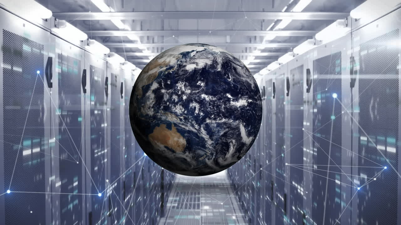 Animation of rotating globe and connected dots over bars on data server racks in server room