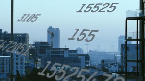 animation of numbers and data processing over cityscape