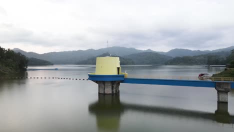 aerial view of the sermo reservoir in the late afternoon, the largest reservoir in yogyakarta and the best tourist destination in the city