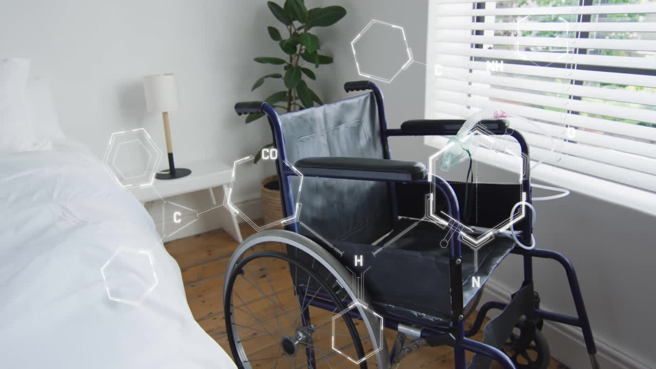 Animation of chemical formula over wheelchair in bedroom