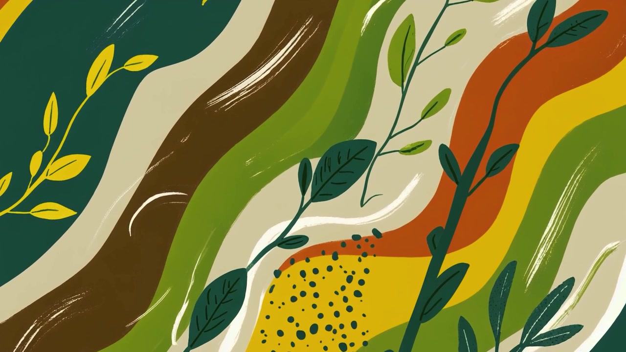 Animated Abstract Background with Wavy Earthy Stripes and Botanical Elements