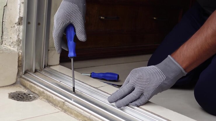 Handyman Using Screwdriver to Repair Sliding Door Track