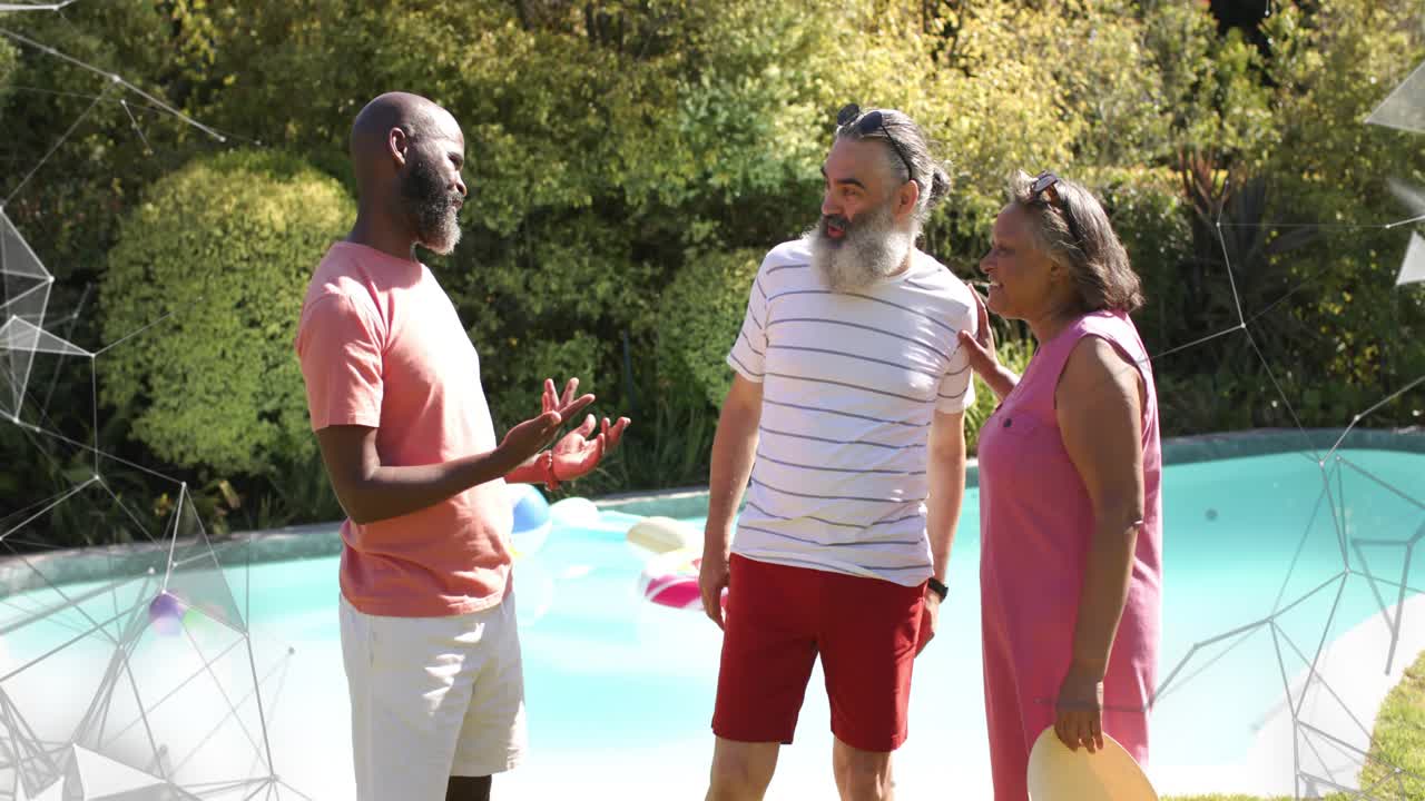 Three adults talking by pool, bearded man touching woman shoulder, initiating greeting for leisure