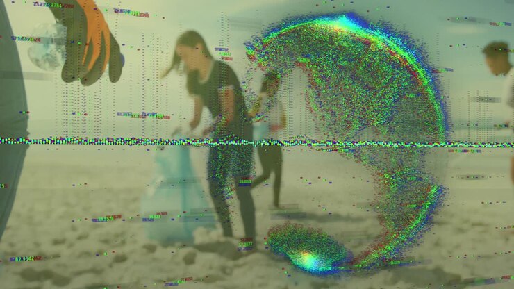 Animazione di elaborazione dati sopra volontari di diverse etnie che separano i rifiuti