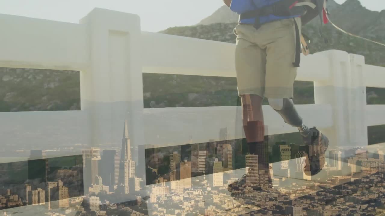 인공 다리를 가진 장애인 아프리카계 미국인 남성의 도시 풍경 애니메이션