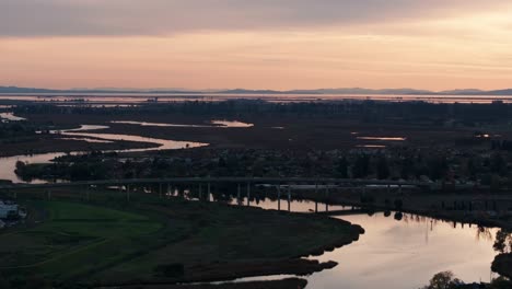 beautiful sunset aerial views of the bay area outside of napa valley, california