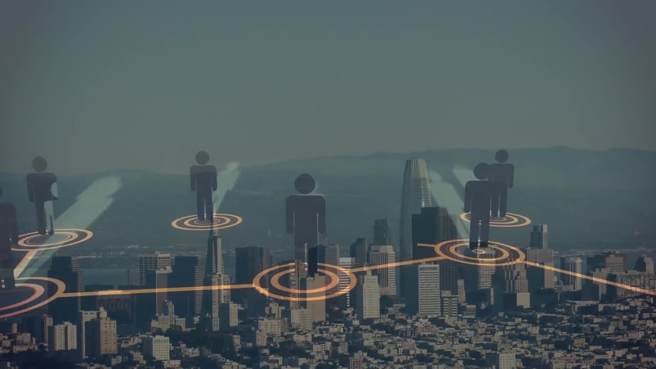 Animation of networks of connections with icons over cityscape