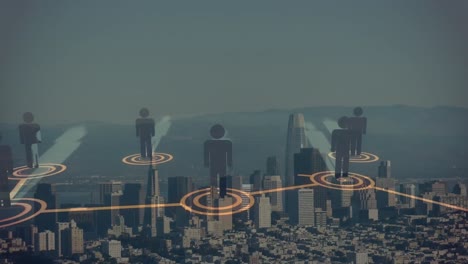 animation of networks of connections with icons over cityscape