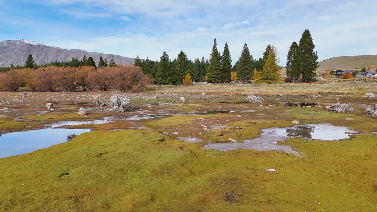 Ducks swim in reflective waters surrounded by autumn foliage and mountains, captured in a serene aerial view