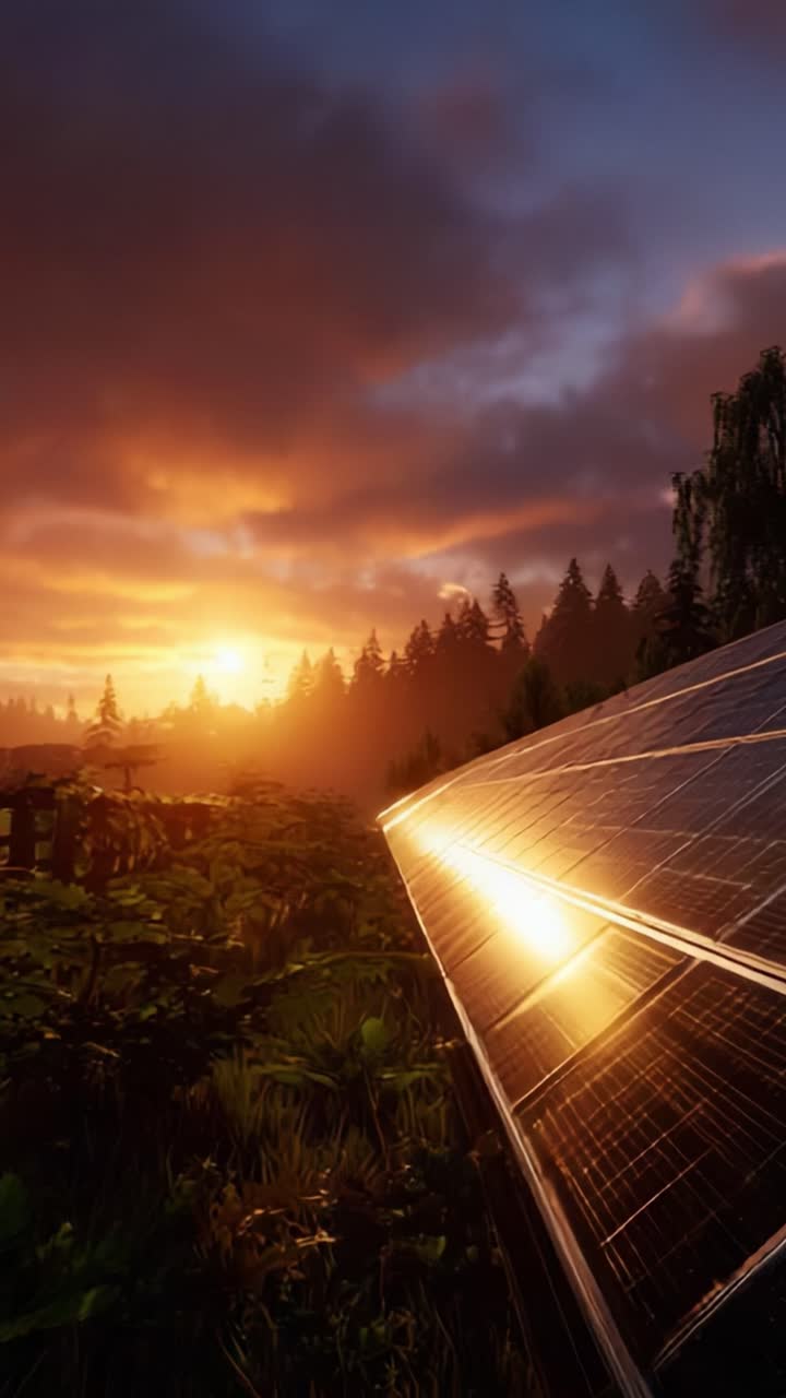 Captivating Sunrise and Sunset Over Solar Panels: A Beautiful Landscape Highlighting the Eco-Friendly Use of Solar Energy Amidst Lush Forest and Vibrant Skies