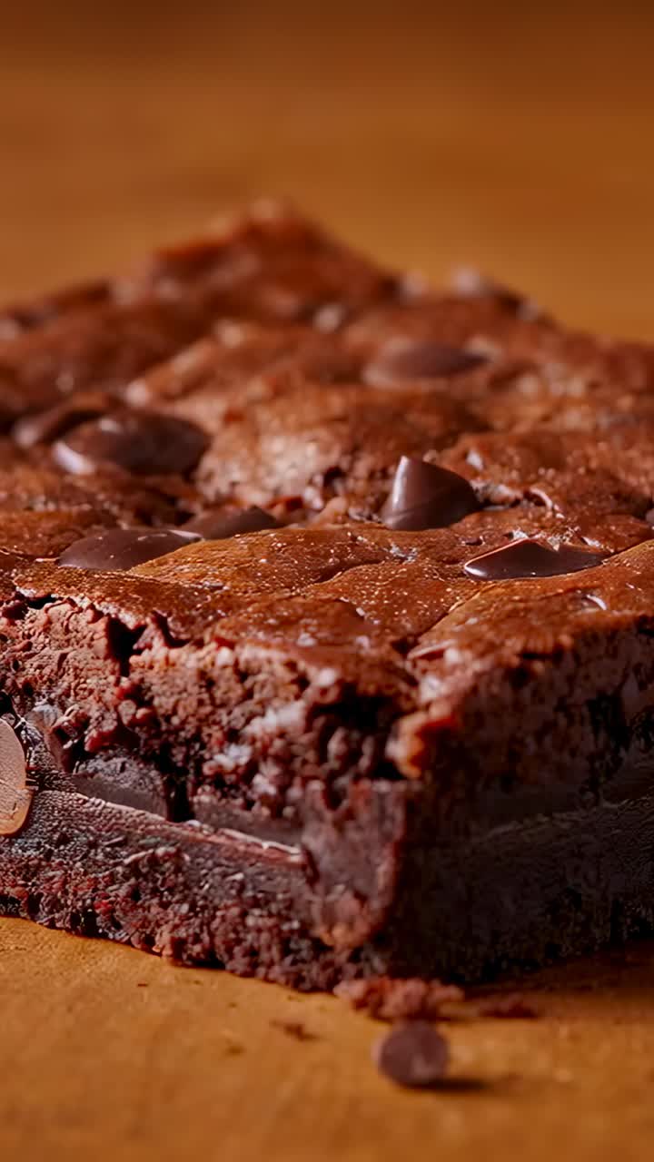 Video verticale: cambio di camera che mostra un brownie quadrato su un tavolo caldo, evidenziandone la consistenza con una scaglia