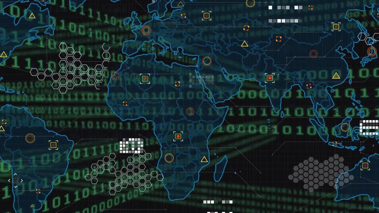 animación de código binario sobre el mapa del mundo e iconos sobre fondo negro