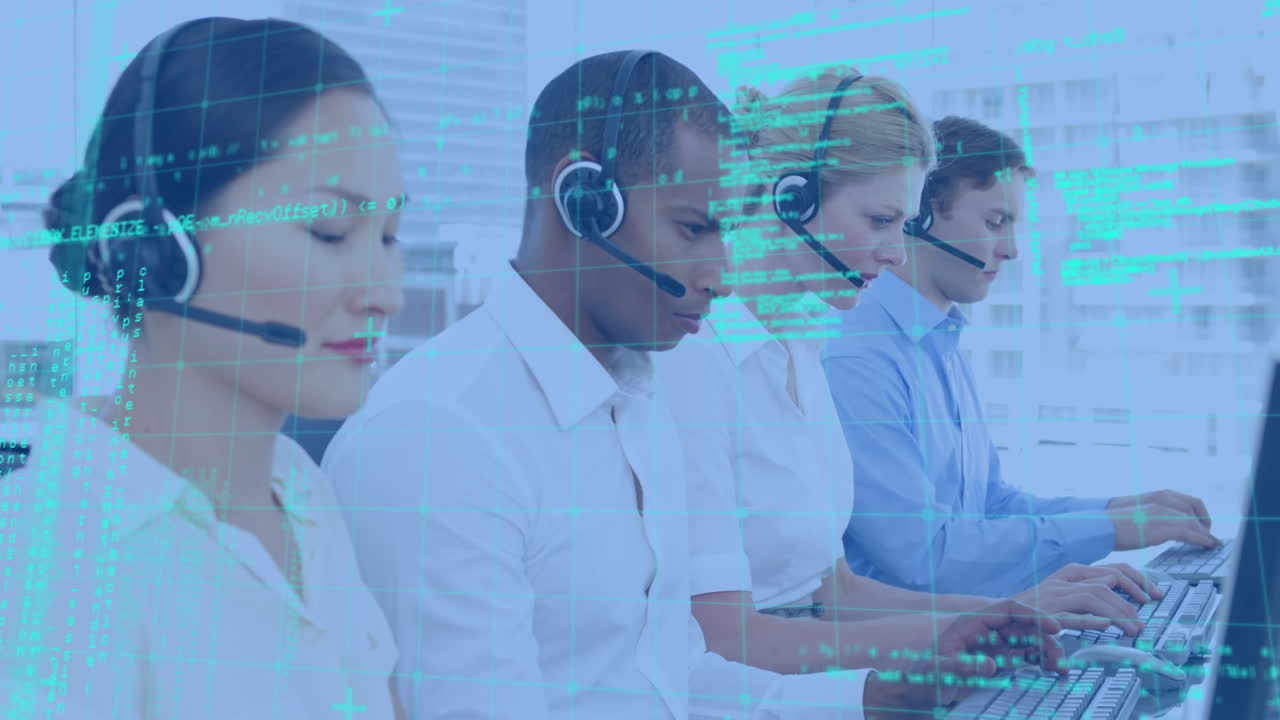 Animation of data processing over diverse business people using phone headsets