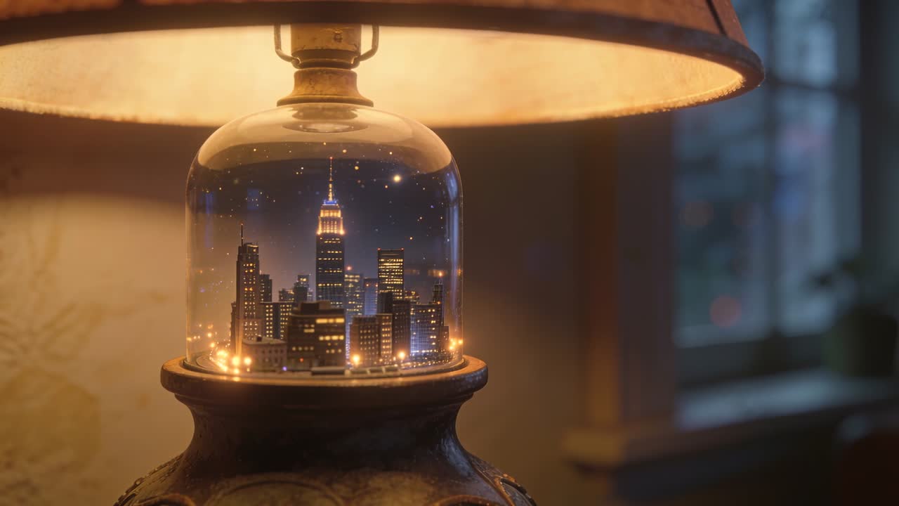 Zooming camera revealing ornate table lamp showing twinkling mini city lights in glass dome at dusk