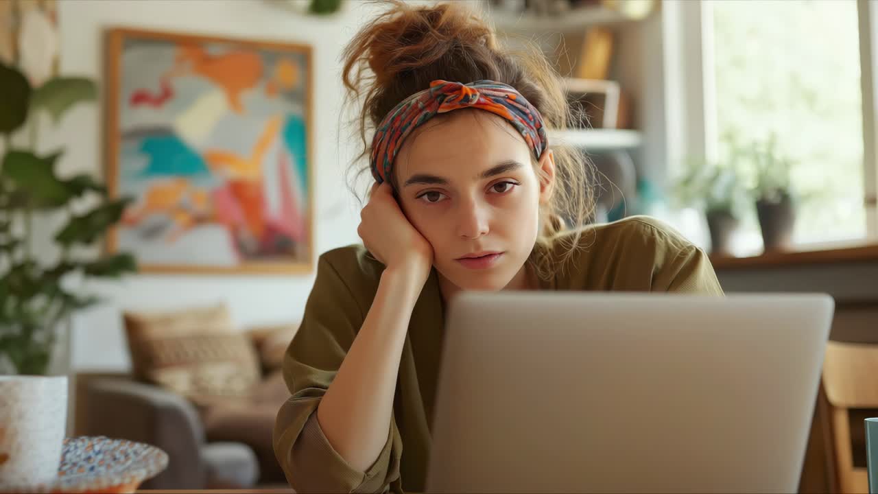 Young woman looking tired at her laptop