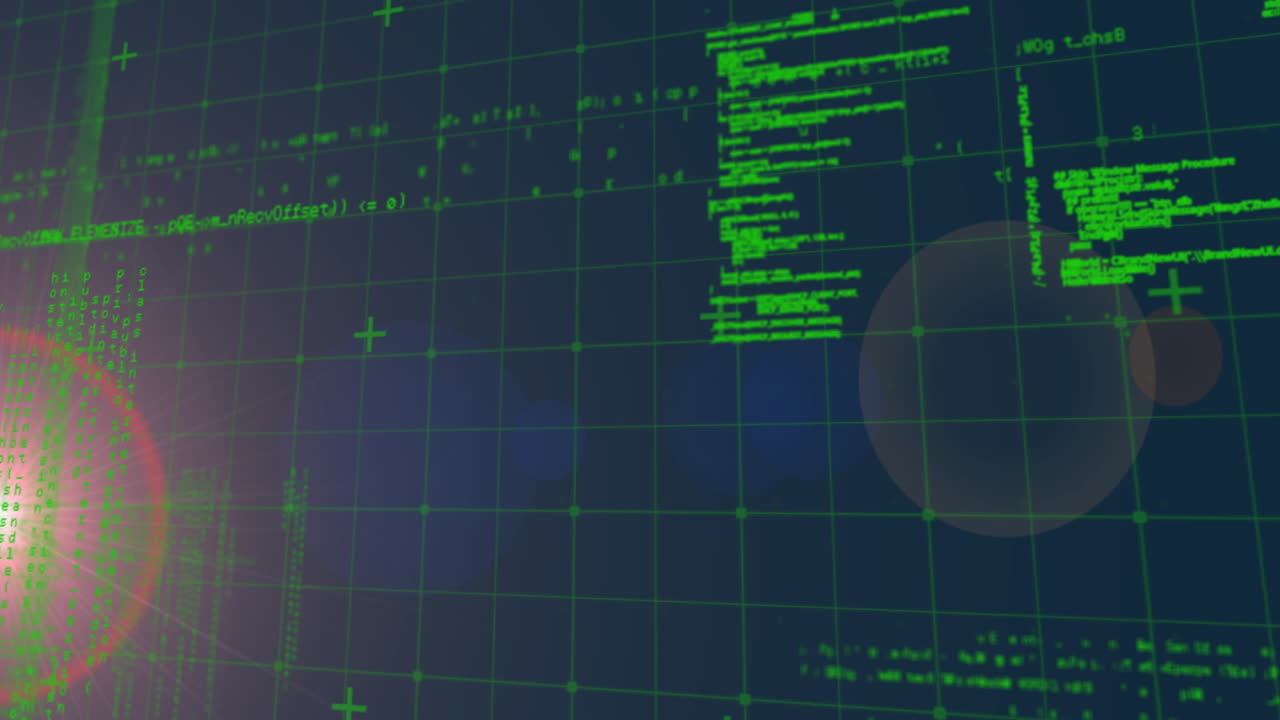 Translucent sphere floating at right, lens flare radiating left, pixel code patterns layering